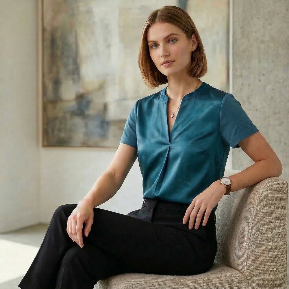 Shimmering Peacock Blue Short Sleeve Top - Cotton Blend Back and Sleeves - Small
